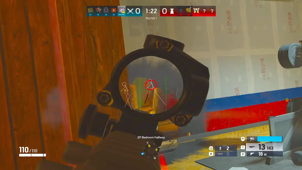 Rainbow Six Siege wallhack skeleton ESP with distance marker in Bedroom Hallway