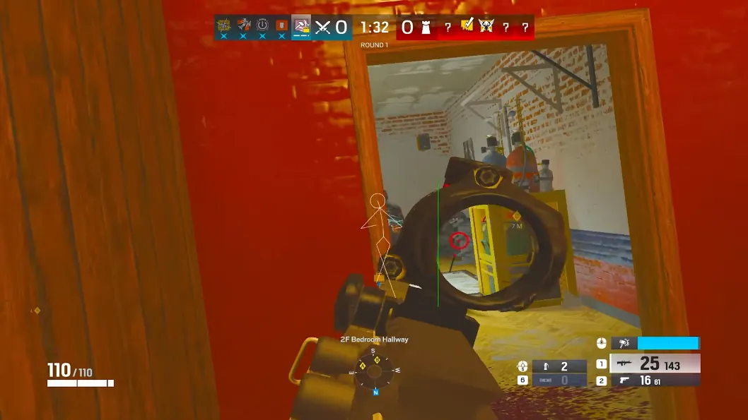 Rainbow Six Siege ESP snapline and skeleton hack in Bedroom Hallway